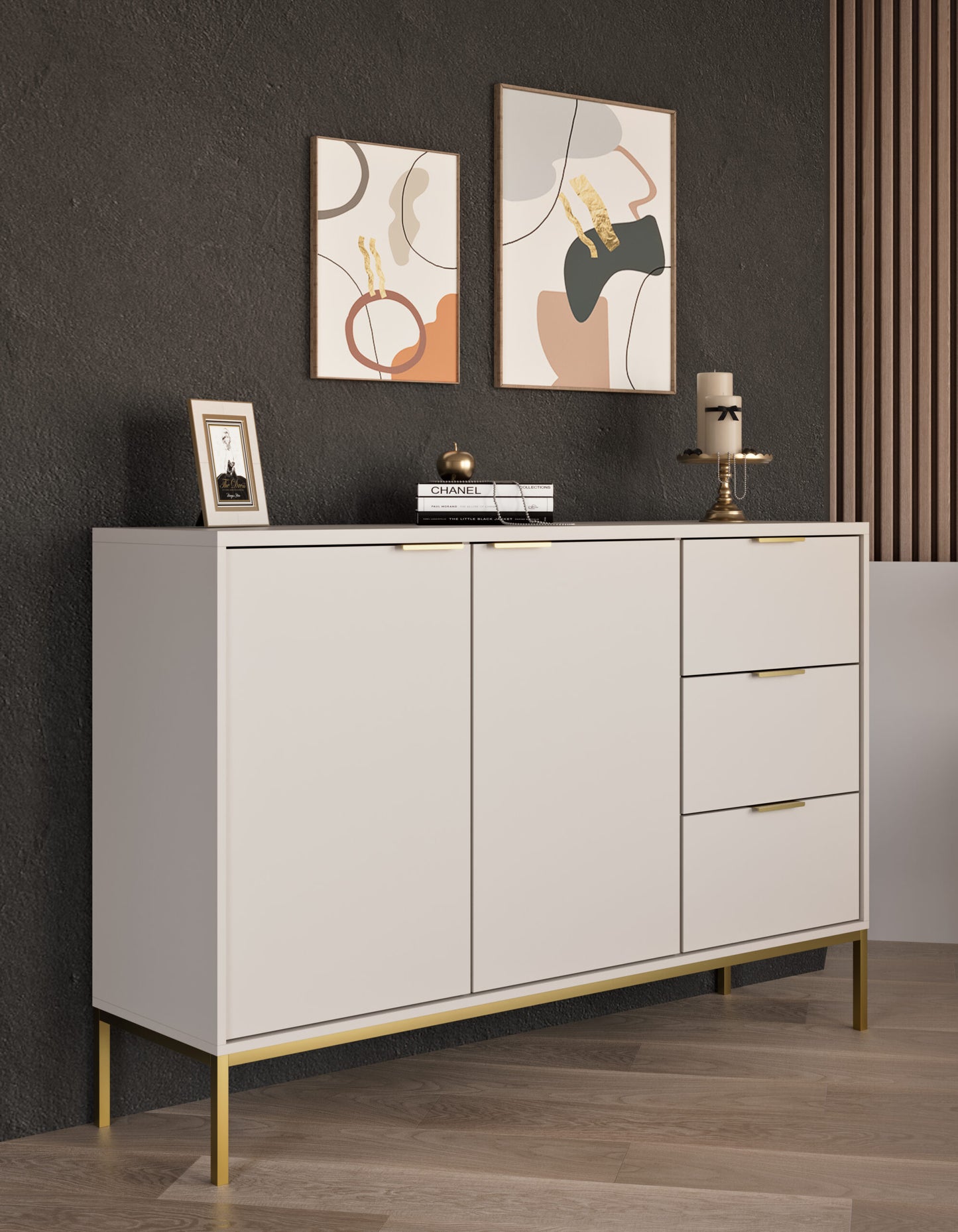 Aparador "AUSTIN" de 2 Portas e 3 Gavetas - 40×150×104 cm - Creme e Dourado - Design Moderno