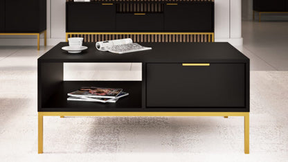 Mesa de Centro "AUSTIN" de 2 Gavetas - 45×100×60 cm - Preto e Dourado - Design Moderno