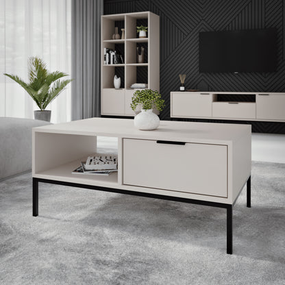 Mesa de Centro "AUSTIN" de 2 Gavetas - 45×100×60 cm - Creme e Preto - Design Moderno