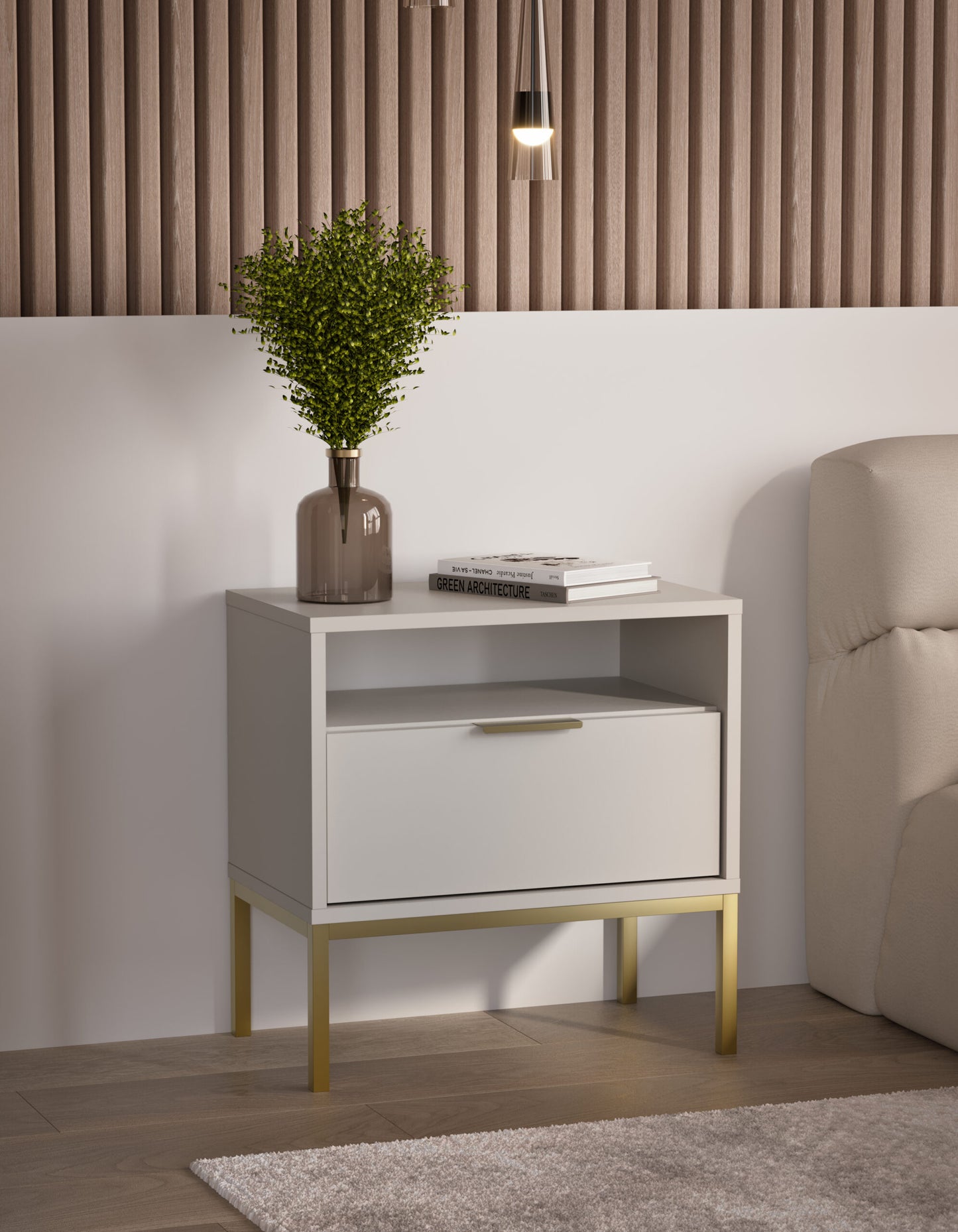 Mesa de Cabeceira "AUSTIN" - 45×55×33 cm - Creme e Dourado - Design Moderno