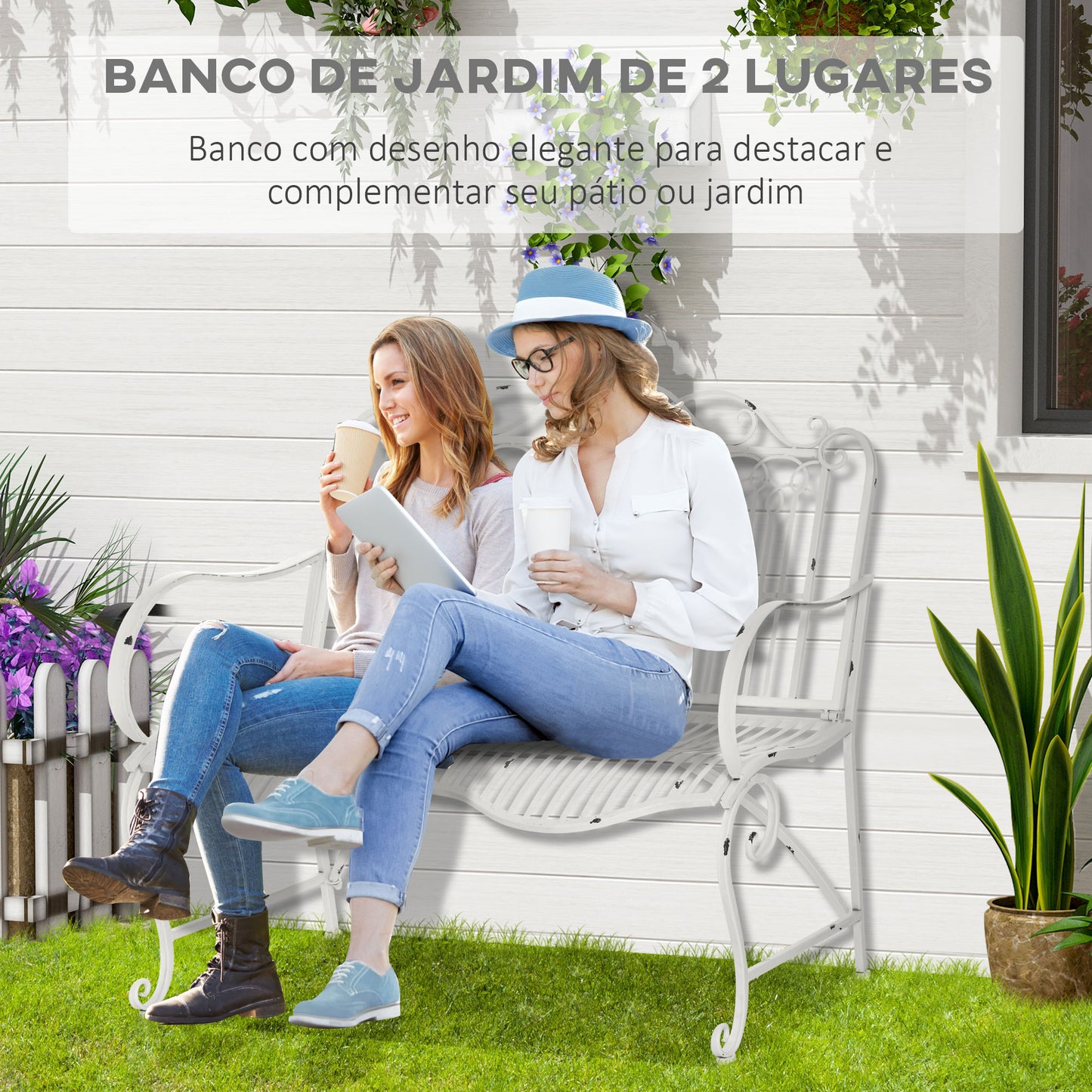 Outsunny Banco de Jardim de 2 Lugares 110x60x97cm Banco de Exterior de Metal com Encosto Decorativo e Apoio para os Braços para Terraço Balção 200kg Branco