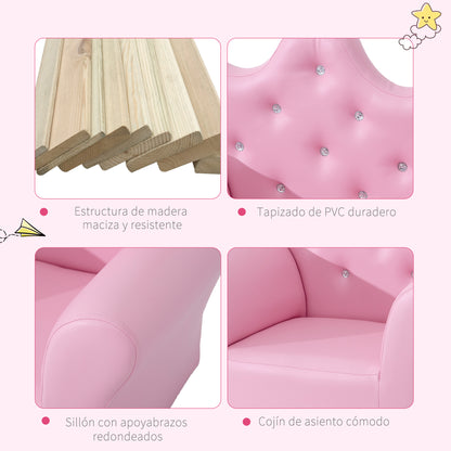 HOMCOM Sofá para Crianças com Banco Sofá Infantil Decorativo com Encosto Alto em Forma de Coroa e Apoio para os Braços Acolchoado 58x40,5x49cm Rosa