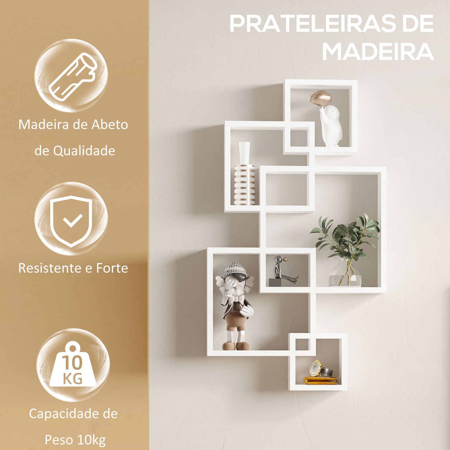 HOMCOM Estante de Parede com 5 Cubos Estante Flutuante de Madeira para Sala de Estar Dormitório Entrada Estúdio Estilo Moderno 49,5x10,2x86cm Branco