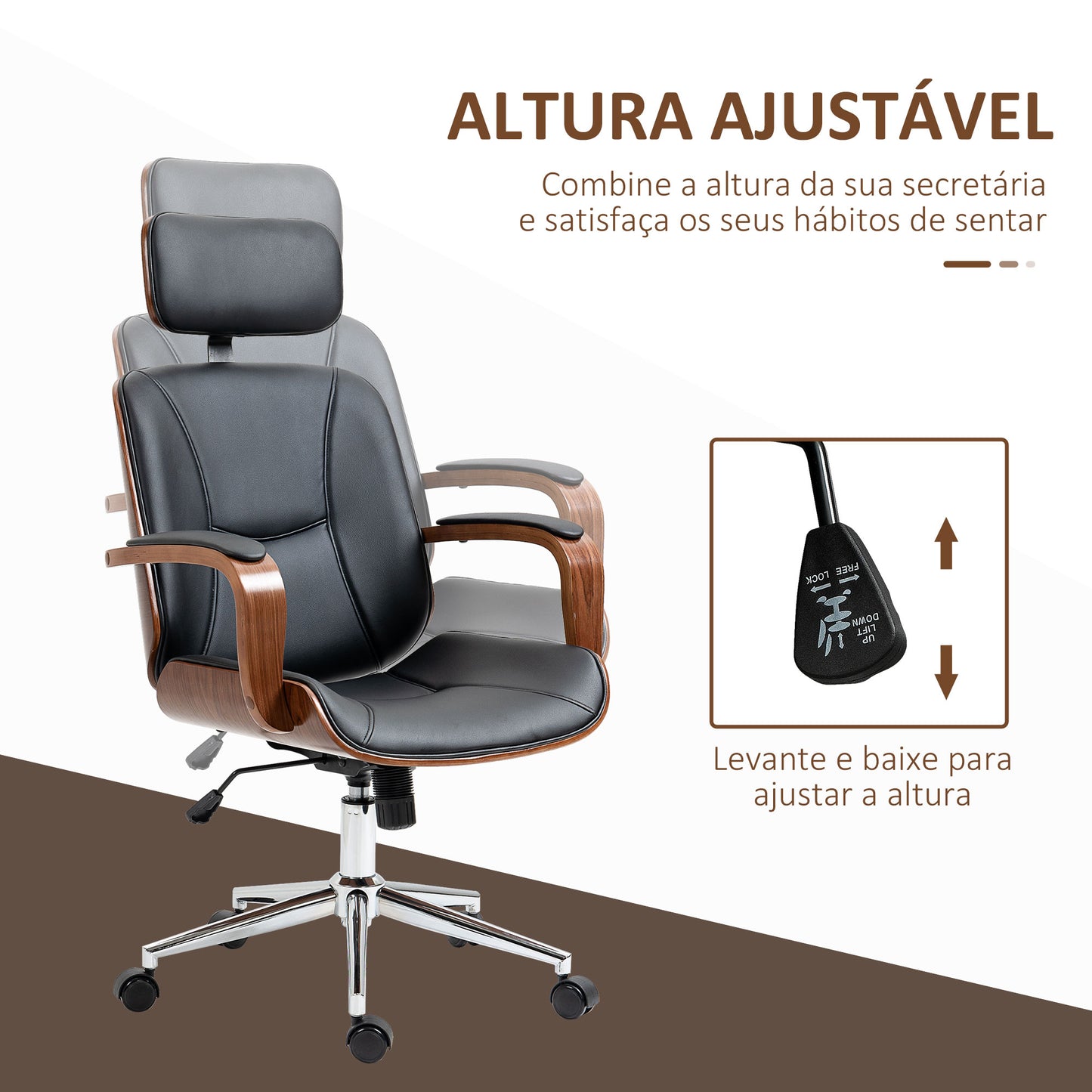 Vinsetto Cadeira de Escritório Operativa de Couro PU com Apoio para a Cabeça Amovível Altura Ajustável 63x62x110-120cm Preto e Madeira