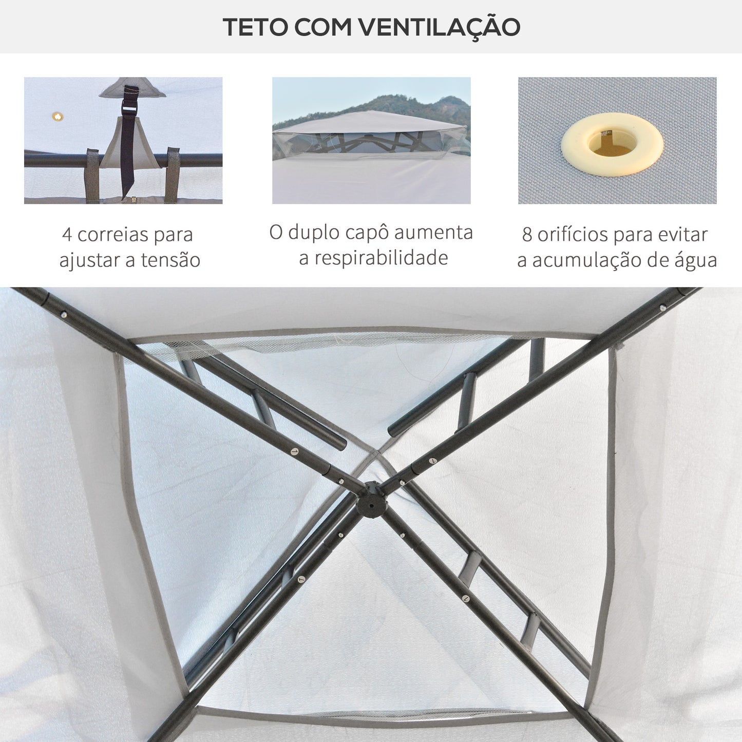 Outsunny Pérgola de Jardim 294x294x265cm Pérgola de Exterior com Duplo Teto de Ventilação 8 Orifícios de Drenagem e 4 Telas Mosquiteiras com Fecho de Correr para Festas Pátio Cinza