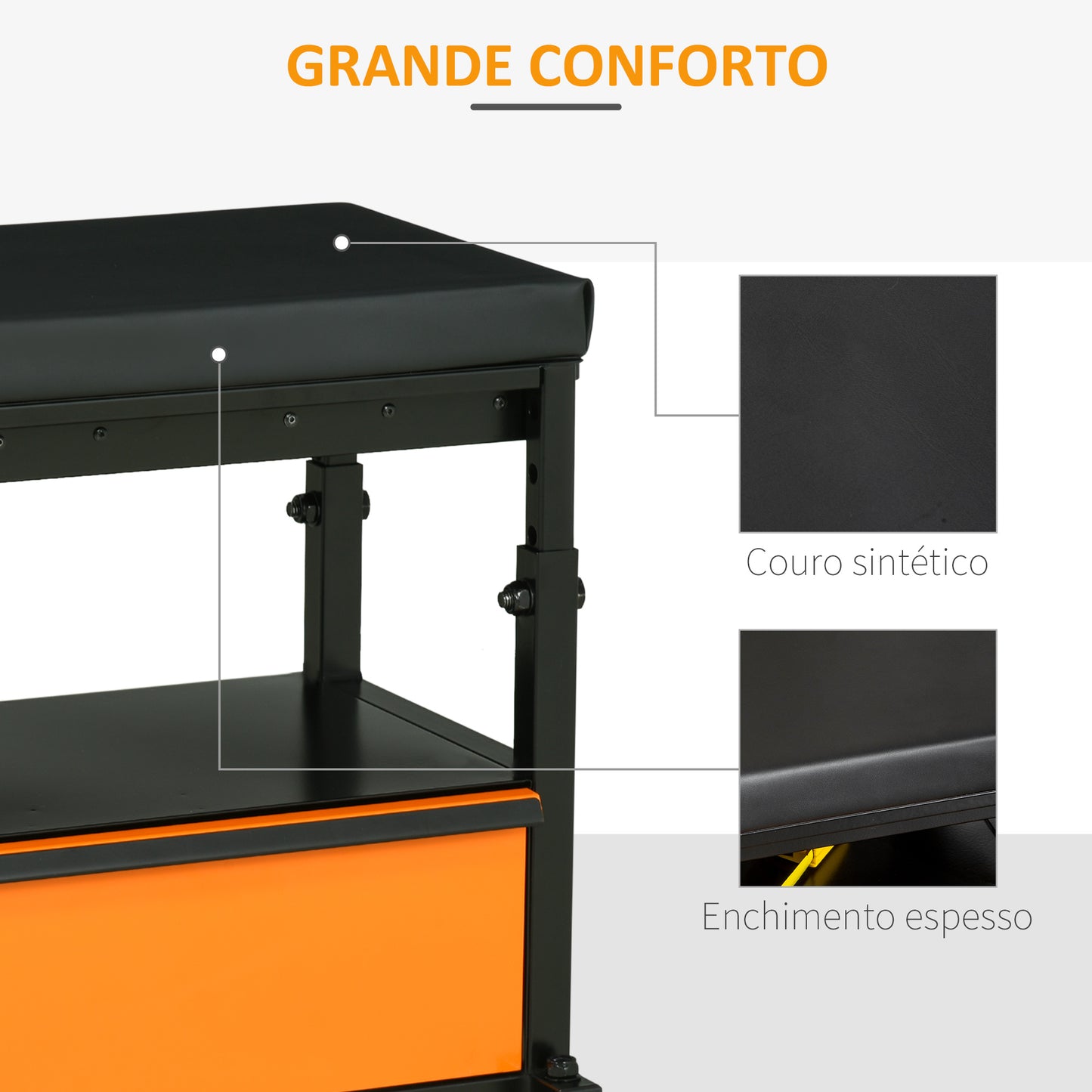 DURHAND Banco Mecânico com Rodas Banco Mecânico para Oficina com Altura Ajustável 3 Gavetas e Prateleira Aberta Carro de Ferramentas para Garagem Carga 130kg 46x36,5x45cm Preto e Laranja