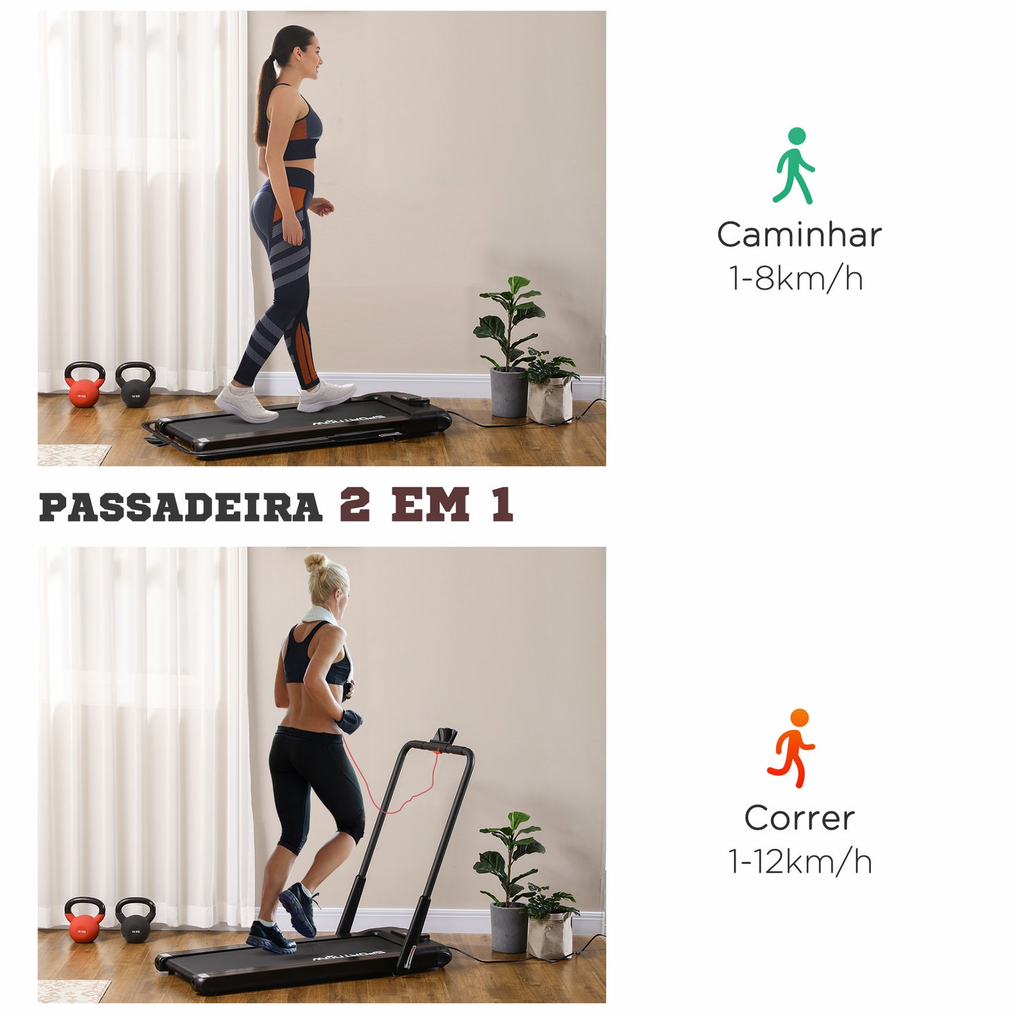 SPORTNOW Passadeira Dobrável 2 em 1 Passadeira com Velocidade 12km/h Superfície de Corrida 36x105 cm Controlo Remoto Ecrã LED e Rodas para Ginásio em Casa 135x65x105 cm Preto