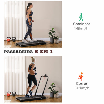 SPORTNOW Passadeira Dobrável 2 em 1 Passadeira com Velocidade 12km/h Superfície de Corrida 36x105 cm Controlo Remoto Ecrã LED e Rodas para Ginásio em Casa 135x65x105 cm Preto