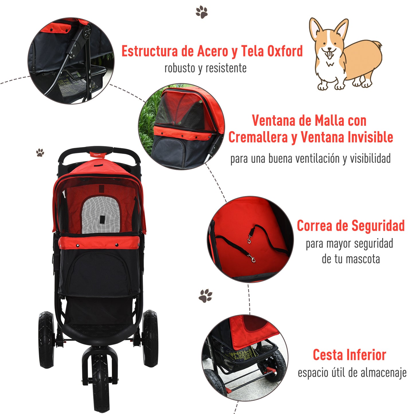 PawHut Carrinho dobrável para animais de estimação com 3 rodas Correias de segurança e cesto de armazenamento 109,5x54,5x106,5 cm Vermelho e preto