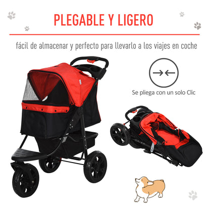 PawHut Carrinho dobrável para animais de estimação com 3 rodas Correias de segurança e cesto de armazenamento 109,5x54,5x106,5 cm Vermelho e preto