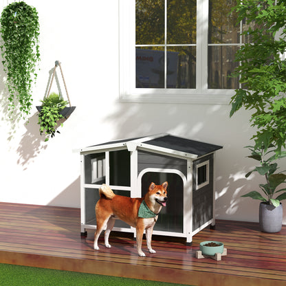 PawHut Casa para Cães de Madeira 101x66,5x70,5cm Casa para Animais de Estimação com Teto Abatível Frontal de Acrílico Porta com Cortina e Fundo Amovível Cinza Escuro