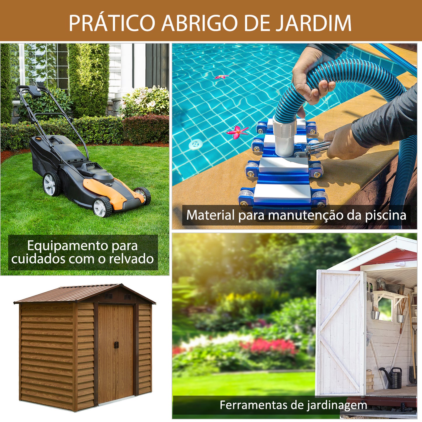 Outsunny Abrigo de Jardim Exterior 3 m² 152x235,7x208,7 cm Abrigo de Jardim Metálico com 2 Portas de Correr e 4 Janelas de Ventilação para Armazenamento de Ferramentas Madeira e Marrom