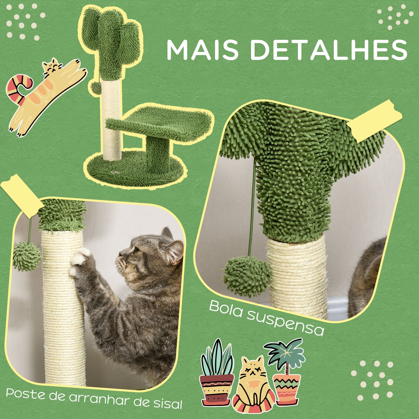 PawHut Arranhador para Gatos em Forma de Cactus de 55,5 cm Torre para Gatos com Poste de Sisal Cama e Bola de Brinquedo 35x31x55,5 cm Verde