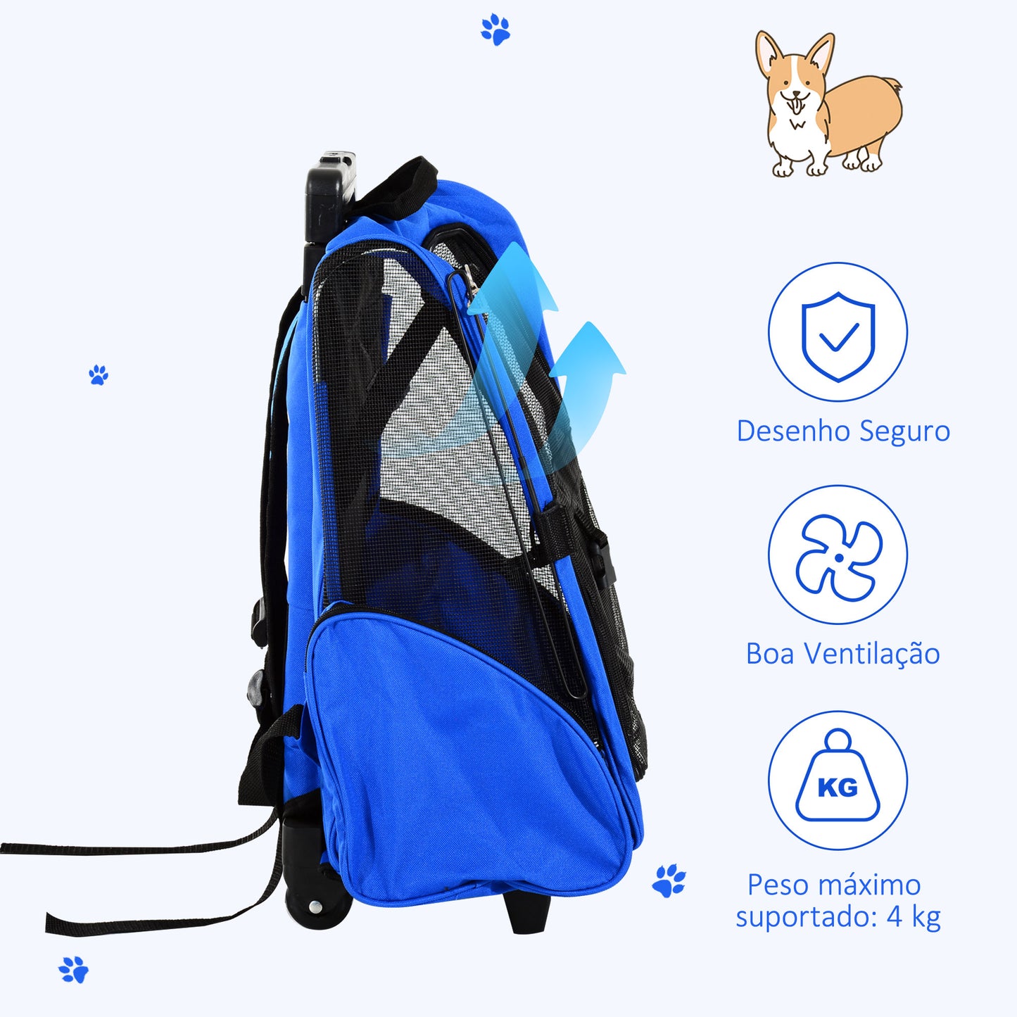 PawHut Transportadora 2 em 1 para Animais de Estimação Mochila ou Carrinho de Viagem para Cães e Gatos com 2 Rodas Alça Retrátil de Alumínio e Bolso de Armazenamento 42x25x55cm Azul