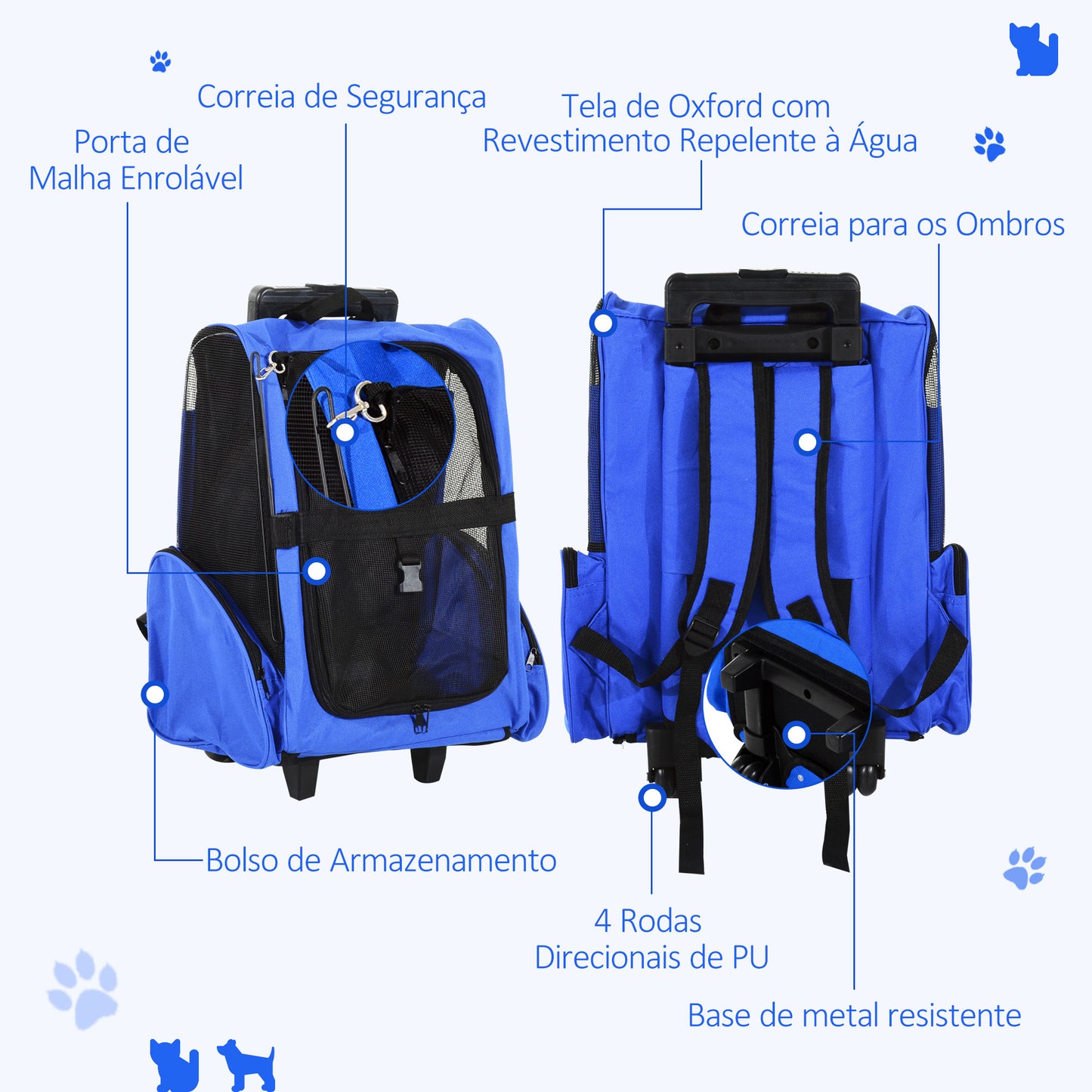 PawHut Transportadora 2 em 1 para Animais de Estimação Mochila ou Carrinho de Viagem para Cães e Gatos com 2 Rodas Alça Retrátil de Alumínio e Bolso de Armazenamento 42x25x55cm Azul