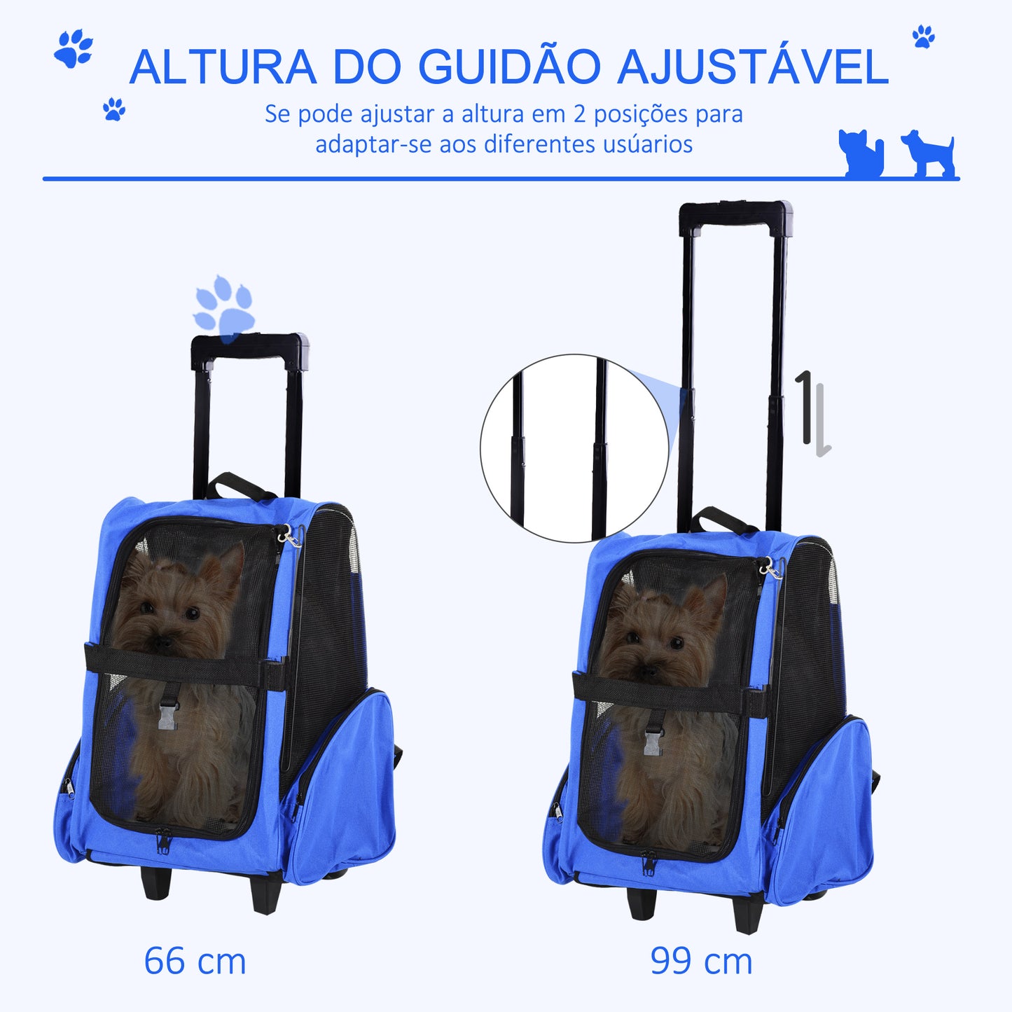 PawHut Transportadora 2 em 1 para Animais de Estimação Mochila ou Carrinho de Viagem para Cães e Gatos com 2 Rodas Alça Retrátil de Alumínio e Bolso de Armazenamento 42x25x55cm Azul