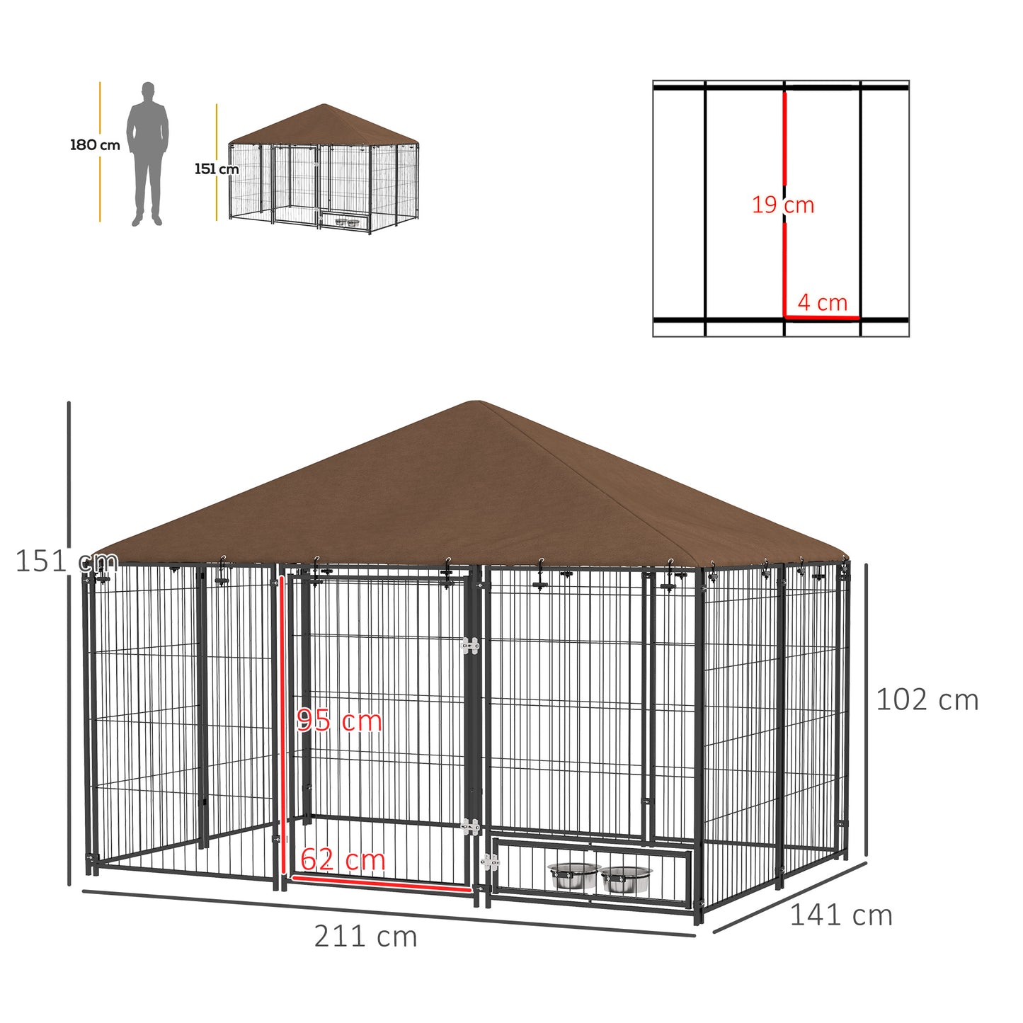 PawHut Parque para Cães com Toldo Canil para Exterior com Suporte Giratório para Comida 2 Tigelas Incluídas 211x141x151 cm Preto e Marrom