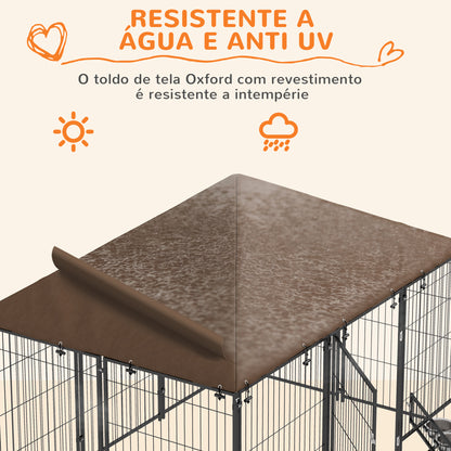 PawHut Parque para Cães com Toldo Canil para Exterior com Suporte Giratório para Comida 2 Tigelas Incluídas 211x141x151 cm Preto e Marrom