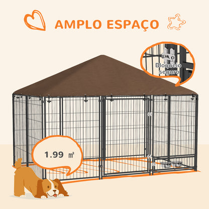 PawHut Parque para Cães com Toldo Canil para Exterior com Suporte Giratório para Comida 2 Tigelas Incluídas 211x141x151 cm Preto e Marrom