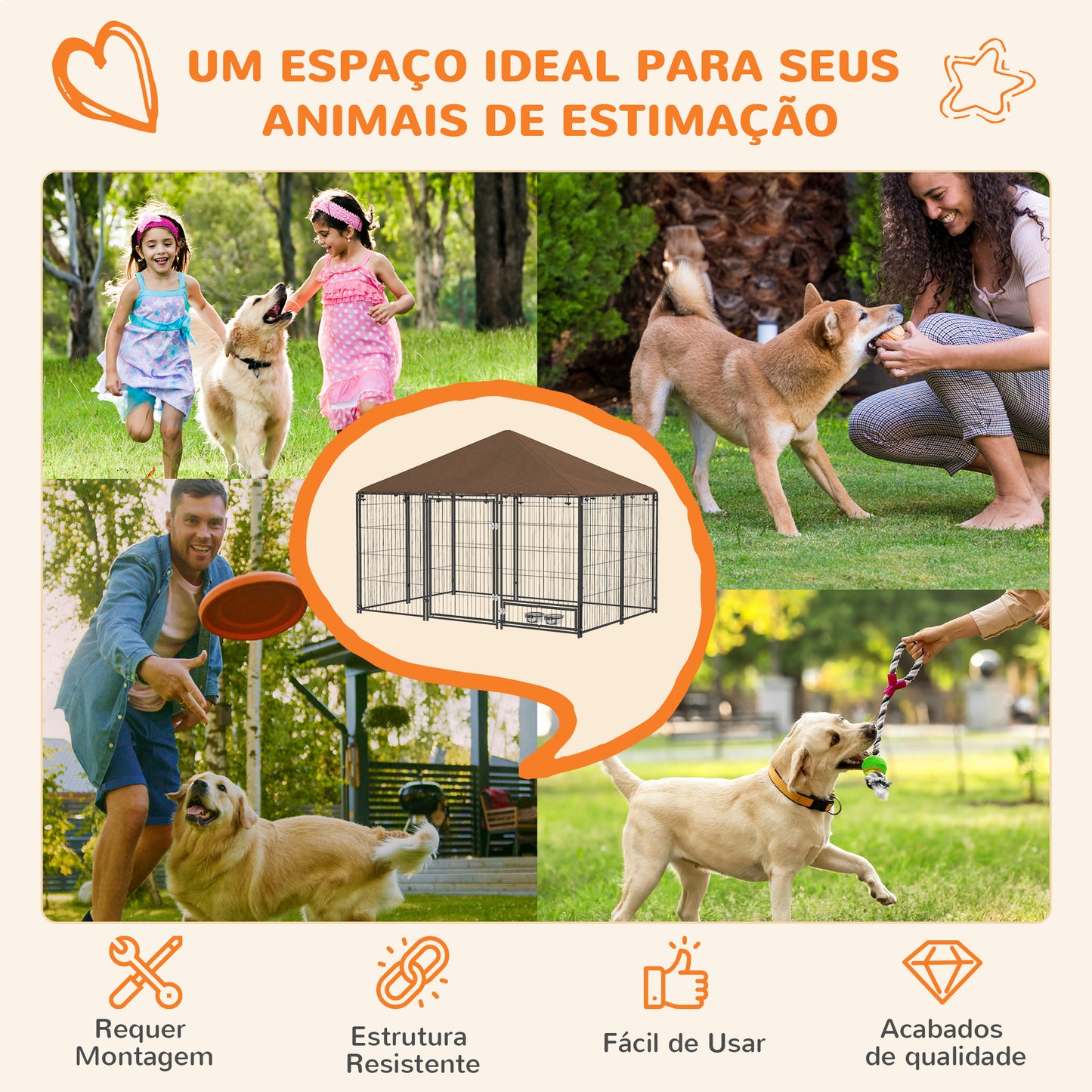 PawHut Parque para Cães com Toldo Canil para Exterior com Suporte Giratório para Comida 2 Tigelas Incluídas 211x141x151 cm Preto e Marrom