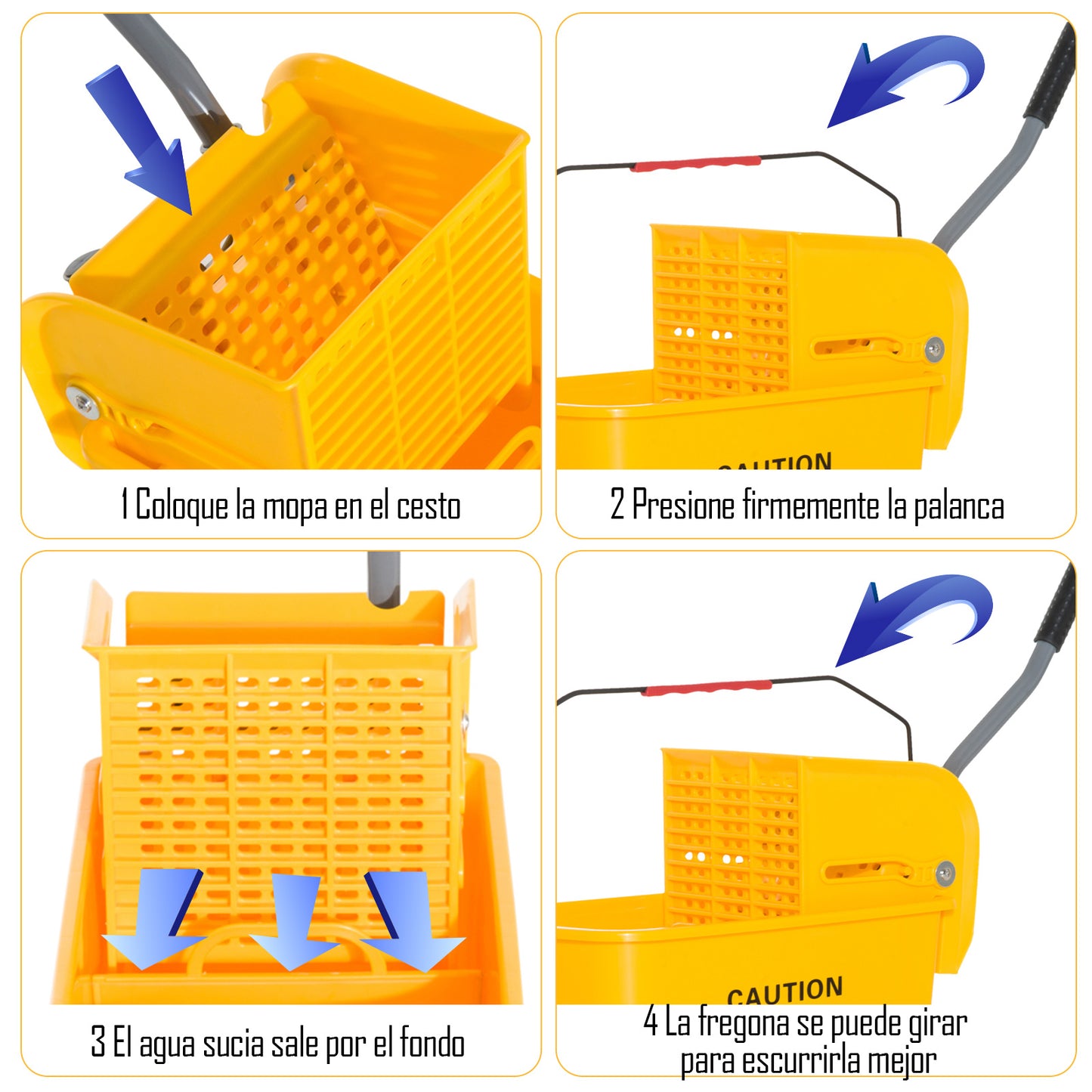 HOMCOM Balde de Esfregar Industrial Amarelo 60x27x70,5 cm profissional 20L