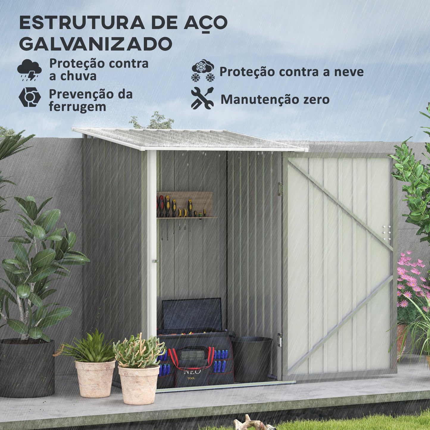 Outsunny Abrigo de Jardim 0,92 m² 100x103x160 cm Abrigo Exterior de Aço Galvanizado com Porta Fechadura e Teto Inclinado para Armazenamento de Ferramentas Cinza