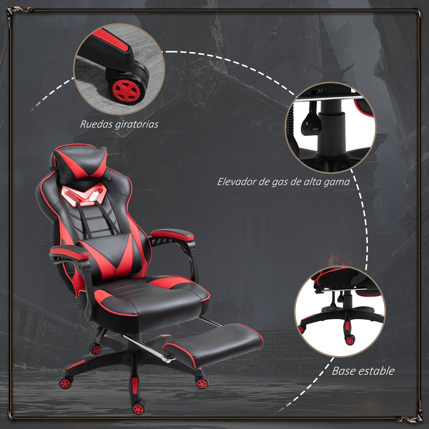 Vinsetto Cadeira de escritorio gaming ergonômica Altura ajustável Reclinável Encosto com apoio para pés Encosto de cabeça Almofada lombar Rodas 65x70x118,5-126,5 cm Vermelho e Preto