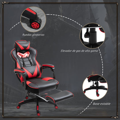 Vinsetto Cadeira de escritorio gaming ergonômica Altura ajustável Reclinável Encosto com apoio para pés Encosto de cabeça Almofada lombar Rodas 65x70x118,5-126,5 cm Vermelho e Preto