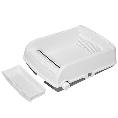 PawHut Caixa de Areia para Gatos Caixa de Areia Aberta Semi-Automática com Botão Ancinho Bandeja Removível e Borda Alta 62x46,5x19,5cm Branco