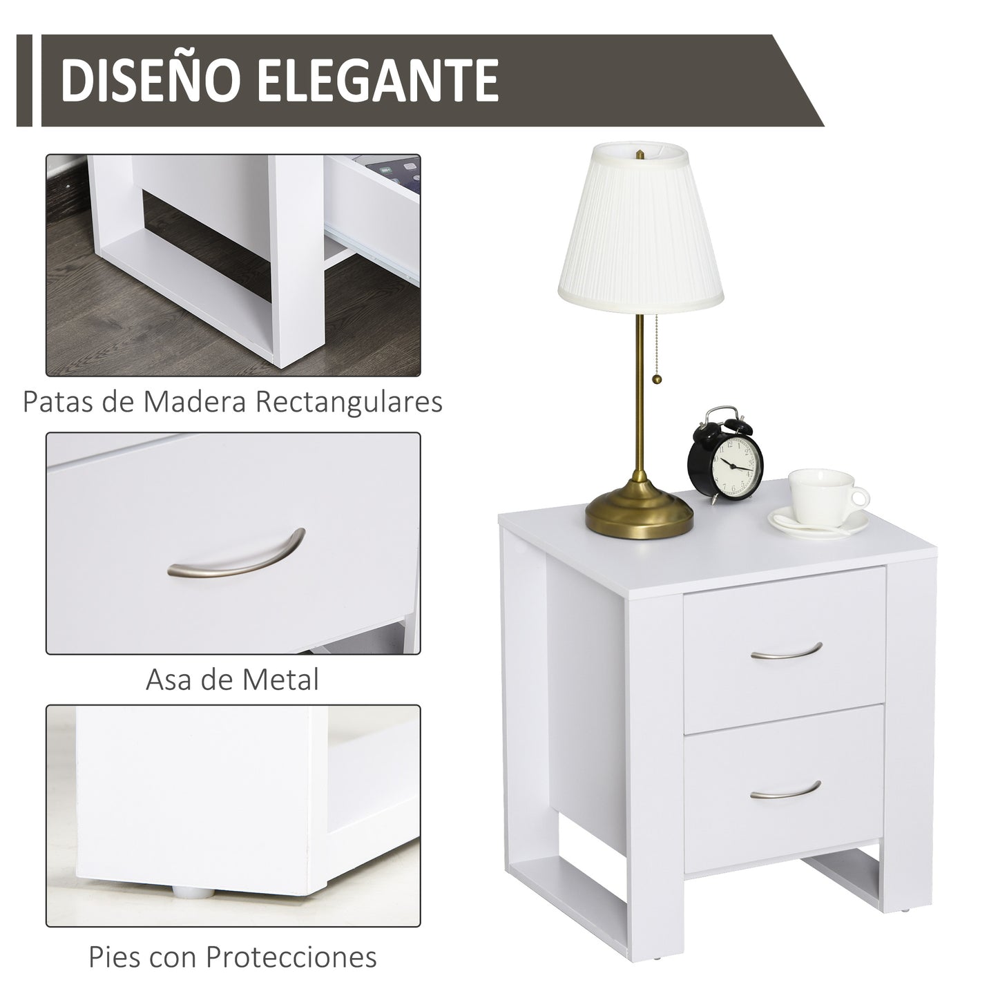 HOMCOM Mesa de Cabeceira com 2 Gavetas Pés e Base Elevada para Dormitório Mesa Lateral para Sala de Estar Estilo Moderno 48x39x54cm Branco