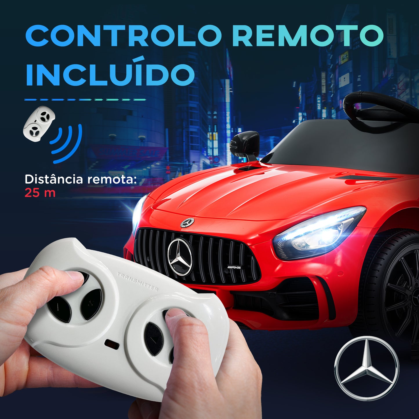 AIYAPLAY Carro Elétrico para Crianças acima de 3 Anos Carro Mercedes-Benz AMG GTR Carro Elétrico Infantil com Bateria 12V Controlo Remoto Faróis Buzina e Música 108x67x46 cm Vermelho