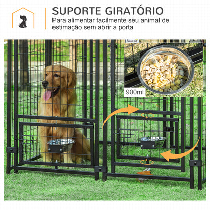 PawHut Parque para Animais de Estimação com Toldo de Tecido Oxford Gaiola para Cães 8 Painéis com 2 Comedouros Giratórios Porta com Fechadura para Jardim Exterior 120x120x138cm Preto