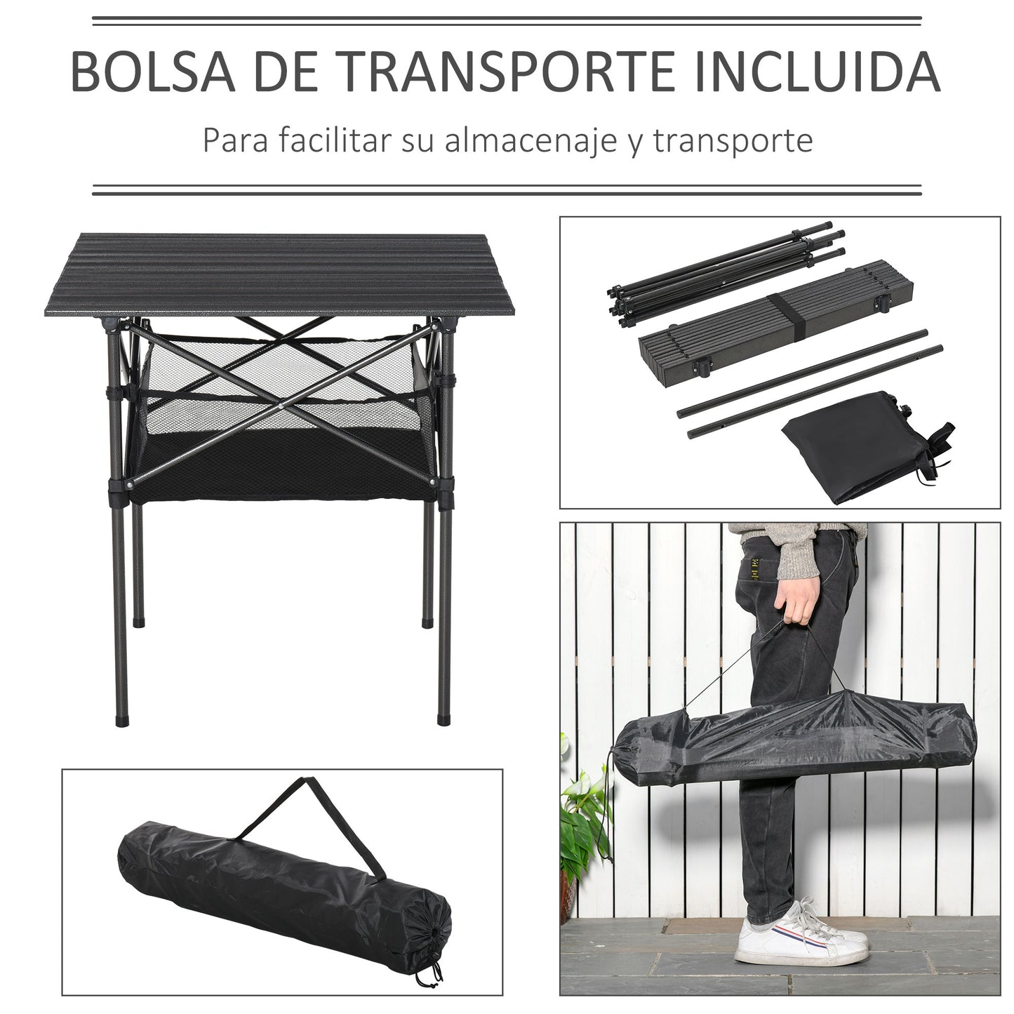 Outsunny Mesa dobrável de camping Mesa de piquenique com malha de armazenamento e bolsa de transporte 70x70x69 cm Preto