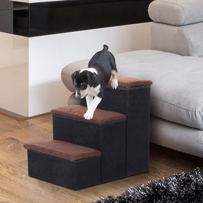 PawHut Escada para Animais de Estimação de 3 Degraus Dobrável com Tampa e Espaço de Armazenamento Escada para Cães Gatos Pequenos para Cama Sofá 40x54x48cm Preto