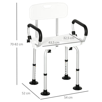 HOMCOM Cadeira para Duche de Liga de Alumínio Cadeira de Duche Antiderrapante com Altura Ajustável de 6 Níveis e Apoio para os Braços Regulável para Idosos 54x52x70-82cm Branco