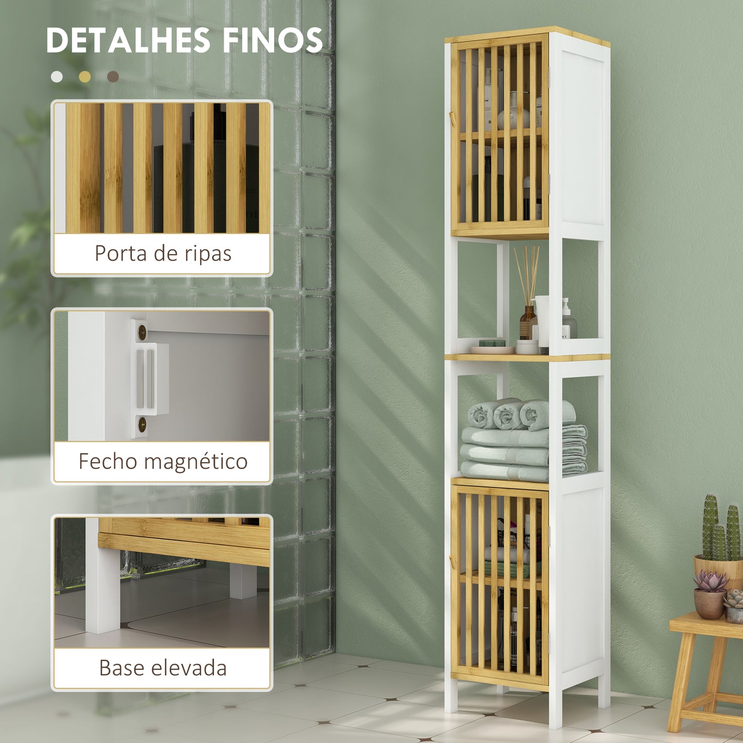 HOMCOM Coluna de Casa de Banho Armário Alto de Casa de Banho com 2 Estantes Abertos 2 Armários com Portas de Ripas e Prateleiras Ajustáveis 32x30x172 cm Branco