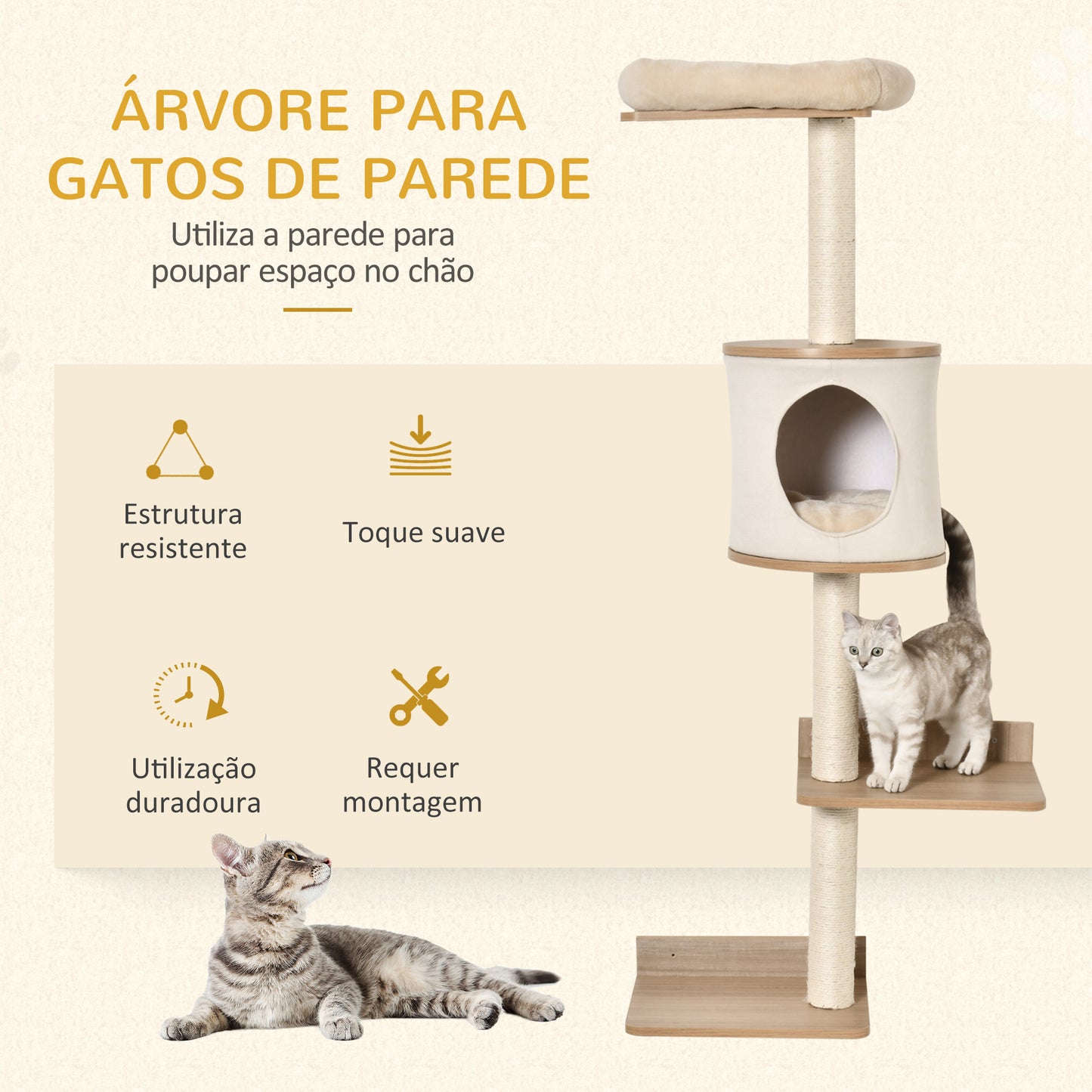 PawHut Árvore para Gatos de Parede com Múltiplas Plataformas Caverna Cama Superior Almofada Removível Postes Arranhadores de Sisal Torre para Escalar 38x30x149cm Bege e Carvalho