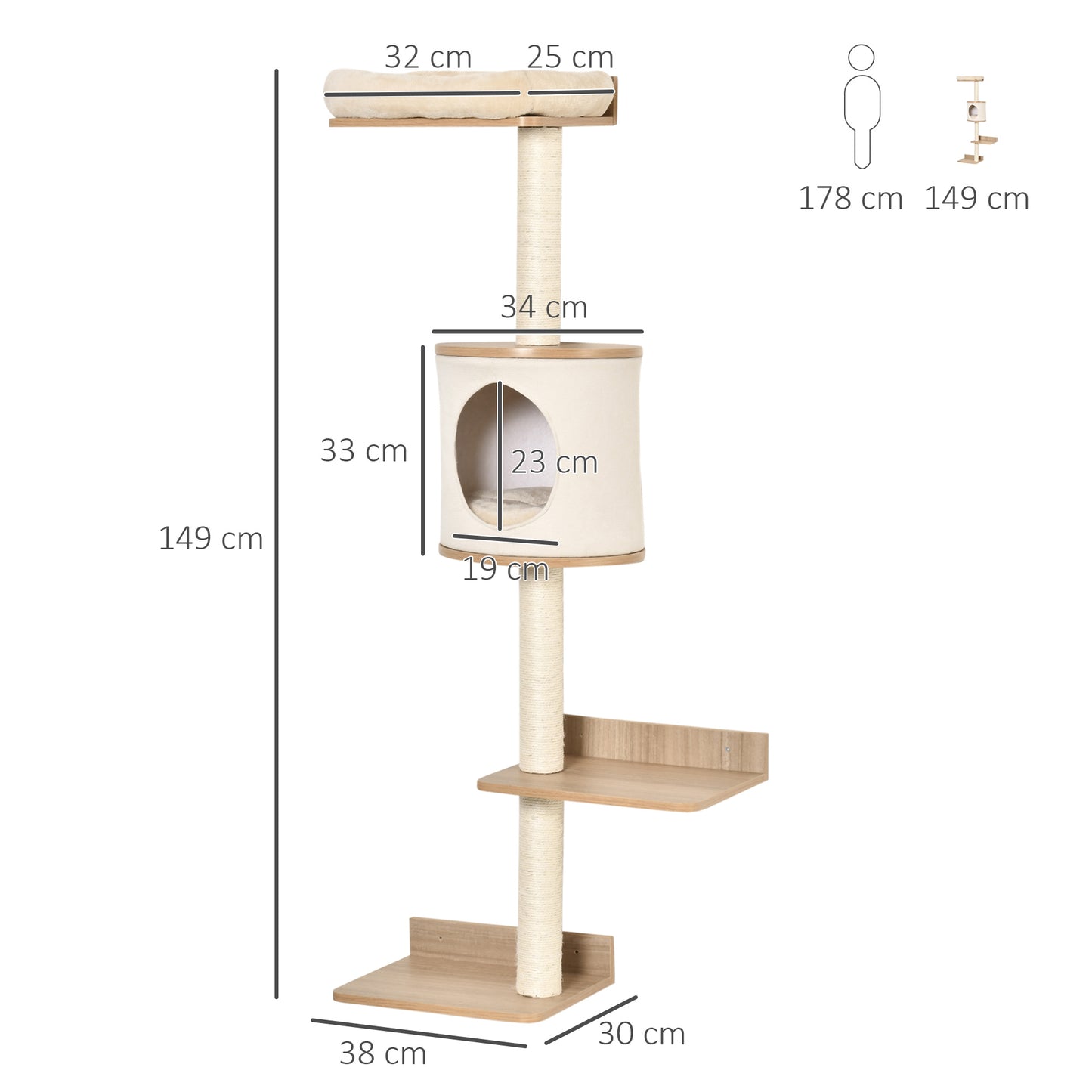 PawHut Árvore para Gatos de Parede com Múltiplas Plataformas Caverna Cama Superior Almofada Removível Postes Arranhadores de Sisal Torre para Escalar 38x30x149cm Bege e Carvalho