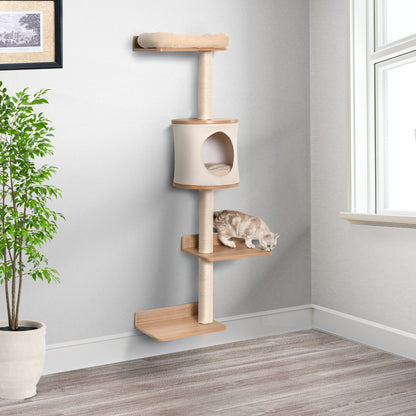 PawHut Árvore para Gatos de Parede com Múltiplas Plataformas Caverna Cama Superior Almofada Removível Postes Arranhadores de Sisal Torre para Escalar 38x30x149cm Bege e Carvalho