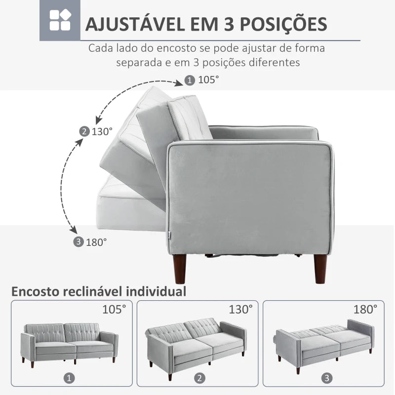 Sofá de 2 Lugares Convertível em Cama de Estofado Aveludado com Encosto Ajustável e Pés de Madeira para Sala de Estar Escritório 189x80,5x78,5 cm Cinza Claro