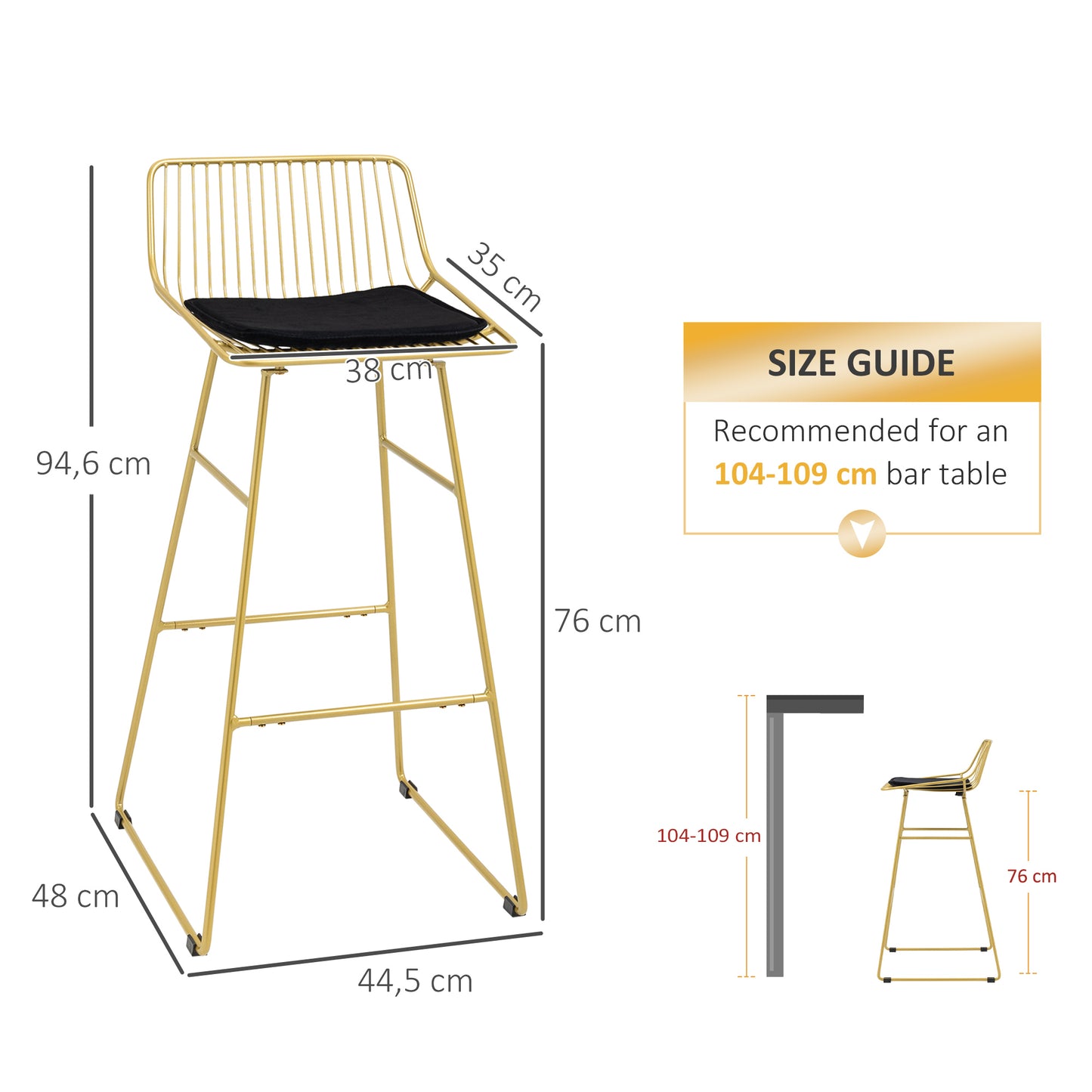 HOMCOM Conjunto de Bancos Altos de Cozinha Bancos Altos de Cozinha com Encosto Almofada e Estrutura de Aço Carga 120 kg para Bar Sala de Jantar 44,5x48x94,6 cm Dourado