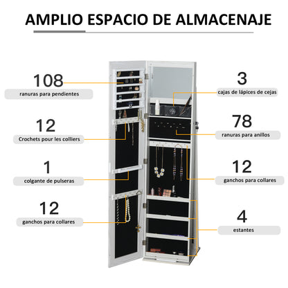 Joalheiro de Pé Armário para Joias com 6 Luzes LED Fechadura Organizador de Joias com Prateleiras Suportes para Anéis 38x38x157cm Branco