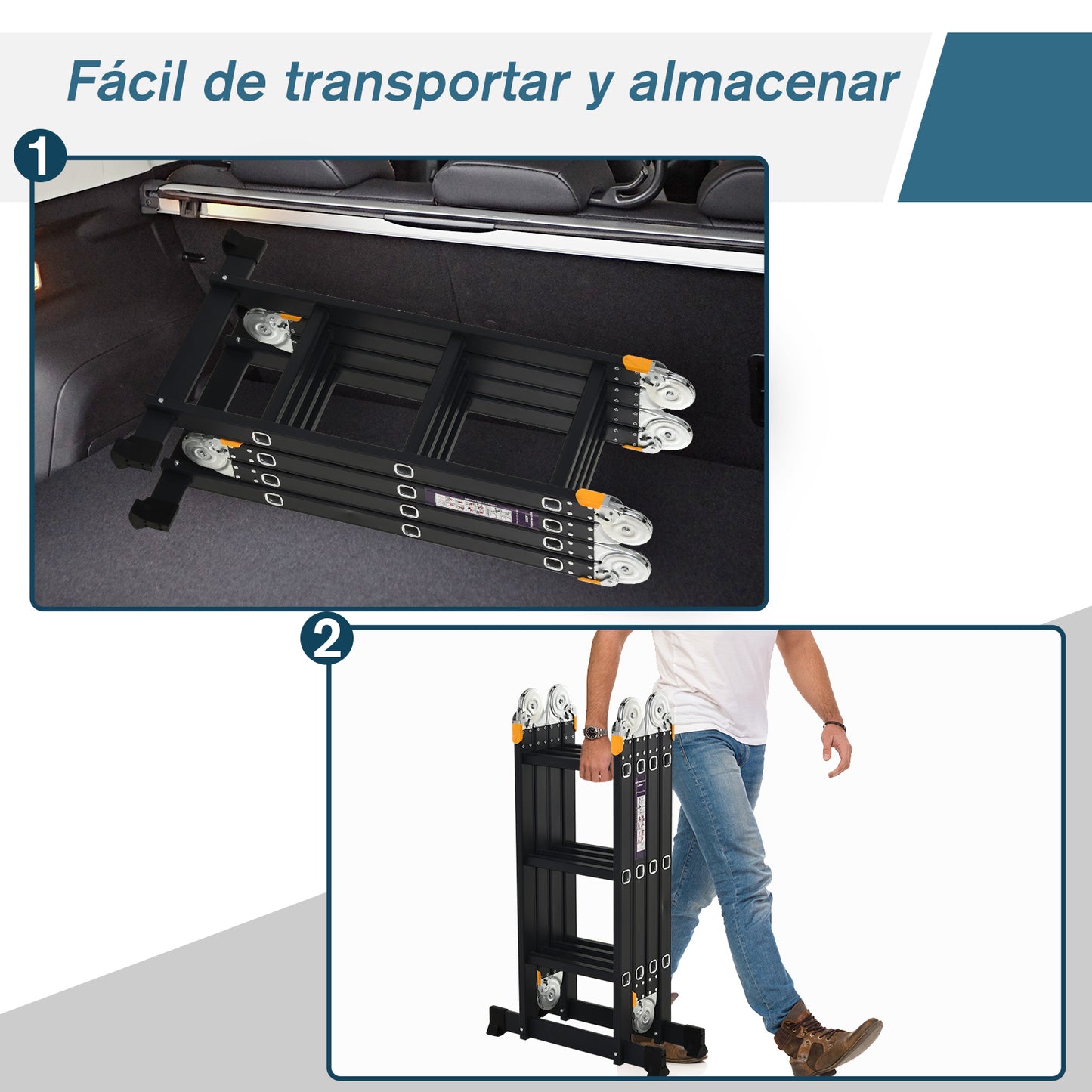 Escada multiuso portátil 5 em 1 Cavalete com 2 placas de plataforma Pé antiderrapante 6 Comutadores Dobradiça Alumínio 150kg 70x61x11cm Preto