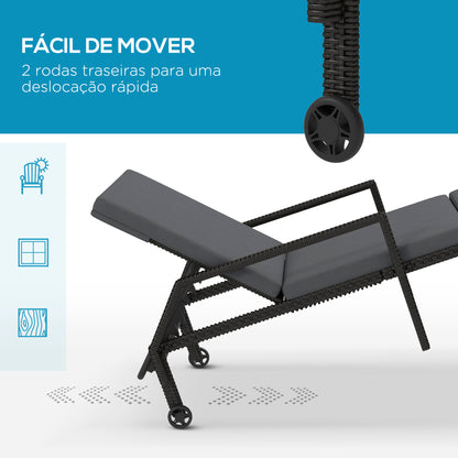 Outsunny Espreguiçadeira de Vime Chaise Longue de Jardim com Encosto Ajustável em 5 Posições Acolchoado e 2 Rodas Carga 120 kg 73x200x48 cm Cinza Escuro e Preto