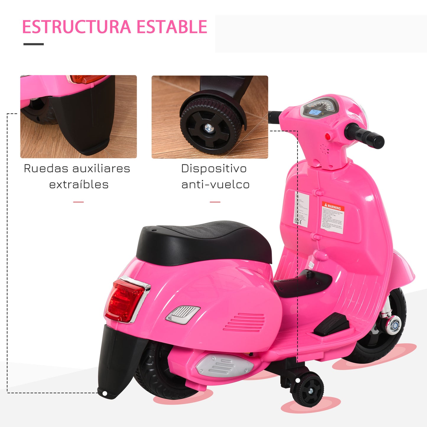 HOMCOM Mota elétrica para crianças com licença acima de 18 meses com faróis buzina e 4 rodas licenciadas 66,5x38x52 cm Rosa