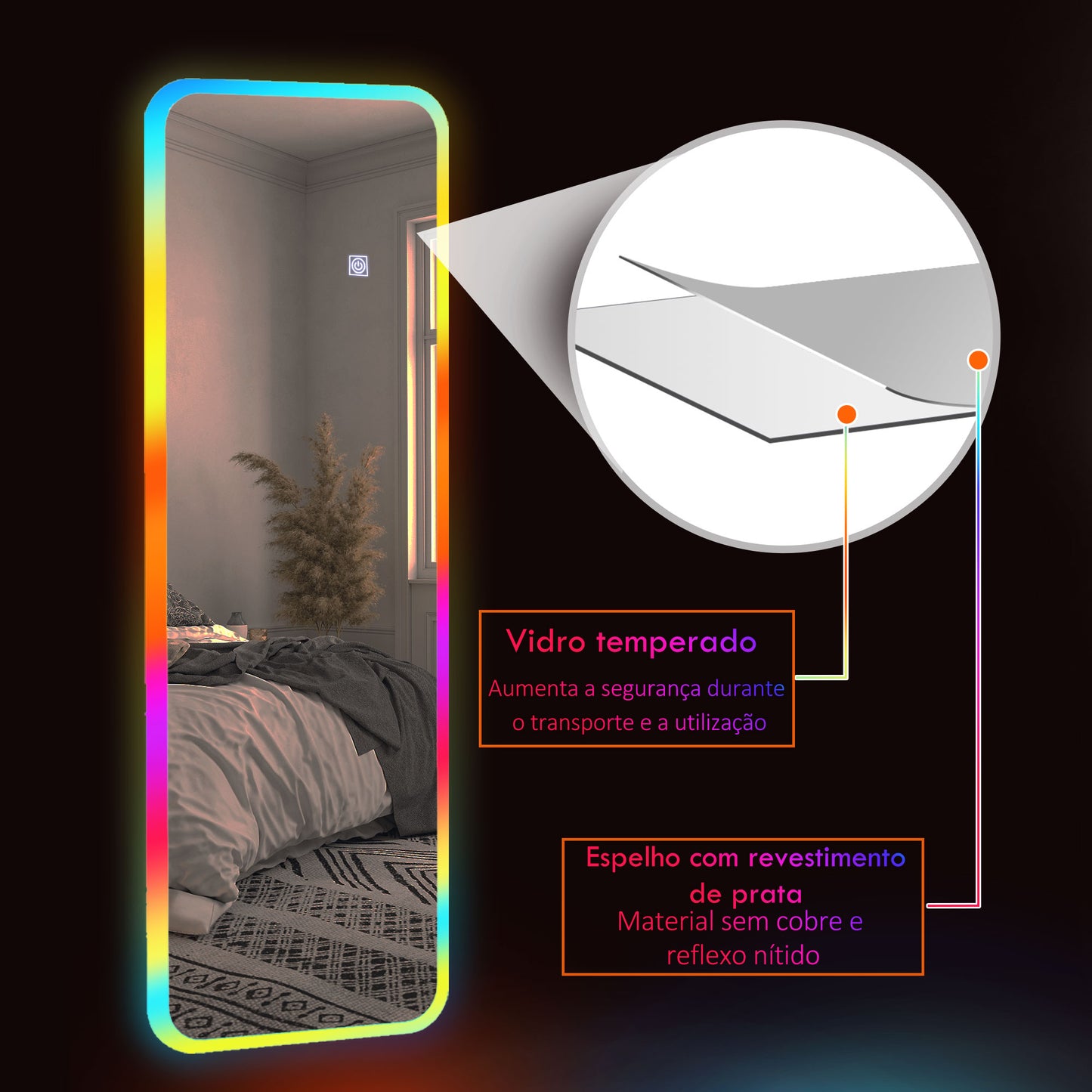 HOMCOM Espelho de Corpo Inteiro com Luzes LED 120x40 cm Espelho de Parede Ajustável com Iluminação em 7 Cores RGB e Função de Memória para Dormitório Prata