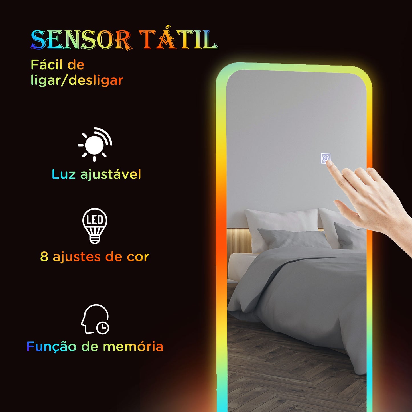 HOMCOM Espelho de Corpo Inteiro com Luzes LED 120x40 cm Espelho de Parede Ajustável com Iluminação em 7 Cores RGB e Função de Memória para Dormitório Prata