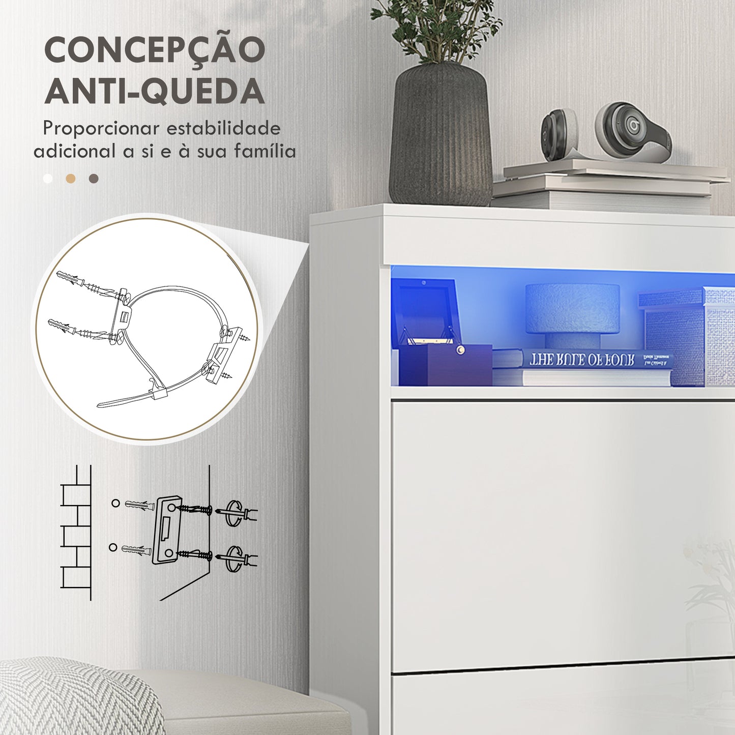 HOMCOM Móvel Sapateira de Entrada Armário Sapateira com Luzes LED Prateleira Aberta e 2 Gavetas Basculantes para 12-16 Pares de Sapatos 80x24x99,5 cm Branco Brilhante