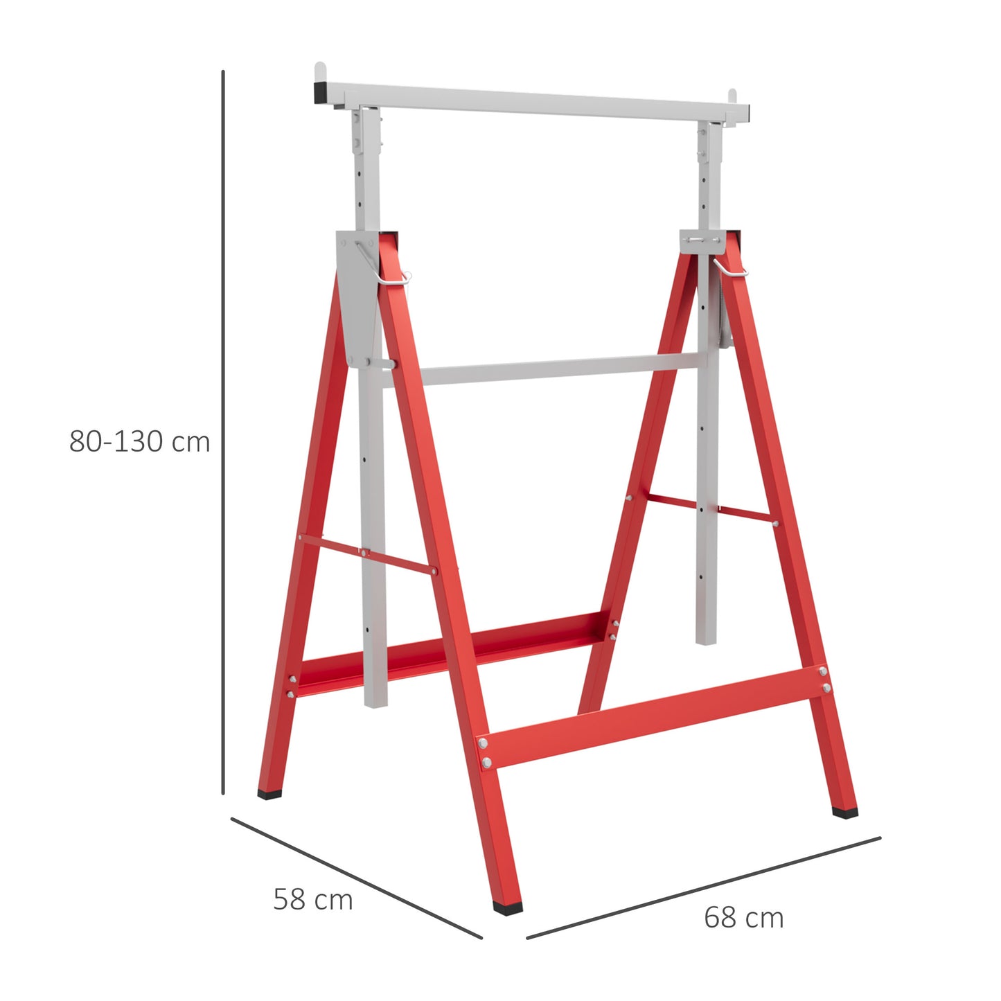 Conjunto de 2 Cavaletes Telescópicos Dobráveis com Altura Ajustável Cavaletes de Serra de Aço para Mesa de Trabalho Carga 200kg 68x58x80-130cm Vermelho