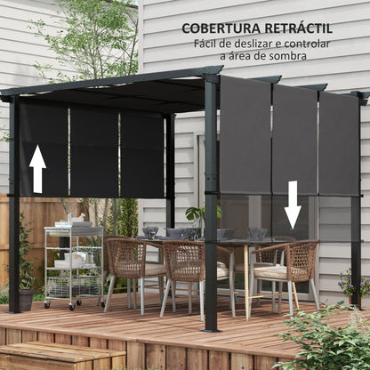 Outsunny Pérgola de Jardim 3x3 m Pérgola para Exterior com Teto Retrátil Estrutura de Aço Impermeável e Anti-UV para Terraço Pátio Cinza Escuro